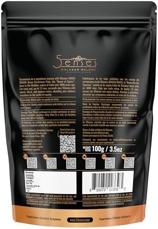 5Senses Green Malabar Cardamom Pods | Cardamomo | Malabar Melody | Single Origin, Non-GMO, Fairtrade Gourmet Spices, Whole Spices (3.5oz/100g)