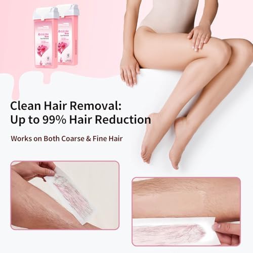Waxfans Rose Wax Roller Refill for Hair Removal - 100% Natural Quick-Melt Roll On Wax Cartridge for Coarse & Fine Hair, with 2 Rose Waxing Rollers, 50 Waxing Strips & 5 Clean Oil.