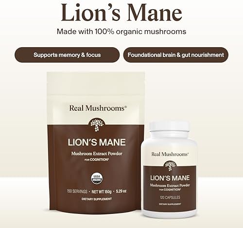 Real Mushrooms Lions Mane Mushroom Cognition (120 Capsules) Lions Mane Mushroom Powder Extract Capsules | Brain Supplement, Brain Vitamins, Focus Supplement