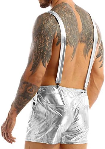 YiZYiF Men's Shiny Metallic Shorts Dungarees Suspender Hot Pants Spandex Leotard Bodysuit