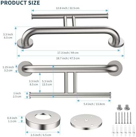 Grab Bar w/Double Toilet Paper Roll Holder Brushed Nickel, iHansee Stainless Steel Shower Support Balanced Support Handle, Wall Mounted Safety Handrail Grab Rail for Elderly Senior Handicap Disabled