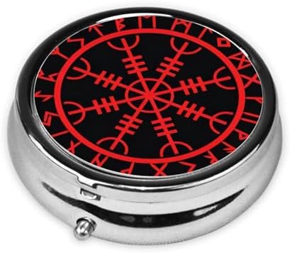 Viking Norse Mythology Warrior Compass Pill Case Storage,Three Compartment Pill Box Size 2 Inch for Pocket Purse and Travel