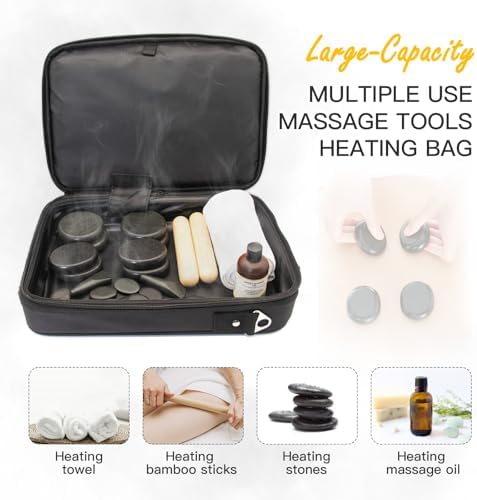 Portable Massage Stone Warmer Set, 20 Pcs Basalt Hot Stones with Heater Kit, Electric Hot Stones Warmer Massager for Professional/Home Spa, Digital Controller Heating Travel Bag (Black)