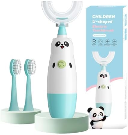 Kids U-Shaped Electric Toothbrush with 2 Brush Heads, Toddlers Sonic with 360 Degree Cleaning, Soft Bristles, Battery Included, IPX7 Waterproof, Cute cartoon for Girls and Boys, Ages 8-13 (Blue)