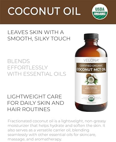 velona USDA Certified Organic MCT Coconut Oil - 16 fl oz in Glass Bottle | 100% from Coconut | Fractionated | Skin, Face, Body, Hair Care
