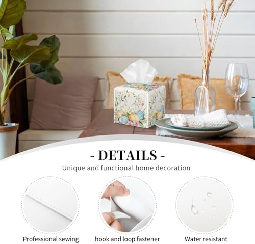 Easter Eggs Tissue Box Cover Spring Botanical Flowers Square Leather Tissue Holder Decorative Facial Tissue Cube Paper Cover Case Organizer for Bathroom Night Stands Desk Tabletop Living Room Home