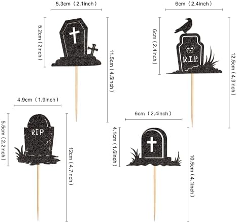 Ercadio 24PCS Halloween Tombstone Cupcake Toppers Glitter Black RIP Cemetery Graves Crow Cross Cupcake Picks for Halloween Theme Birthday Party Cake Decorations Supplies