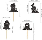 Ercadio 24PCS Halloween Tombstone Cupcake Toppers Glitter Black RIP Cemetery Graves Crow Cross Cupcake Picks for Halloween Theme Birthday Party Cake Decorations Supplies