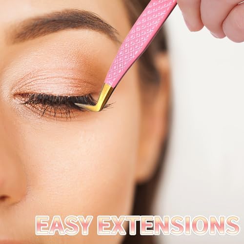 TIESOME Lash Tweezers for Eyelash Extensions, 2 PCS Pink Stainless Steel Eyelash Tweezers Set Premium Curved Tip Precision Lash Tweezer Professional False Eyelashes Application Tools