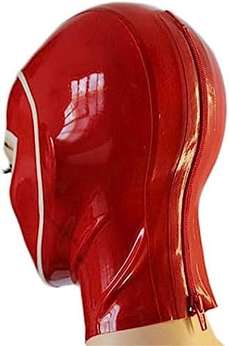 Red Latex Hood with White Brim Back Zipper Open Eyes Rubber Mask Club Party Wear Costume,Medium