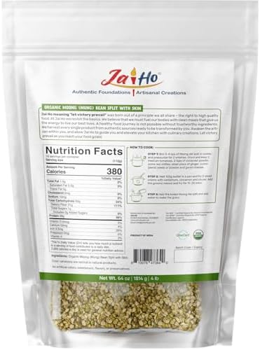Jai Ho Certified Organic Moong Mung Split Dal with Skin Husk 4 lb | Green Gram Split | USDA Organic | Non-GMO | Chemical-Free | Kosher