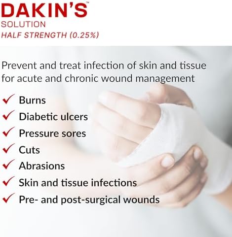 Dakin's Solution Half-Strength 0.25% Sodium Hypochlorite Wound Cleanser for Acute and Chronic Wounds, Antimicrobial No-Rinse Formula, Gentle on Skin, Safe for Home or Clinical Use, 16 oz