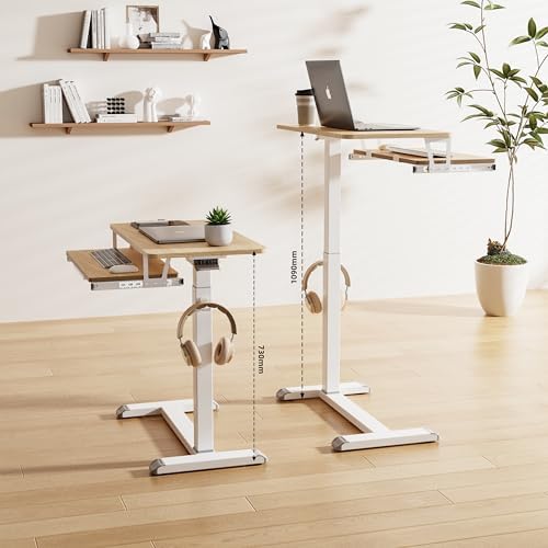 ETHU Overbed Table with Wheels, Medical Table with Drawer, Hospital Bed Table, Workstation Desk, Adjustable Overbed Bedside Rolling Laptop Desk, Oak