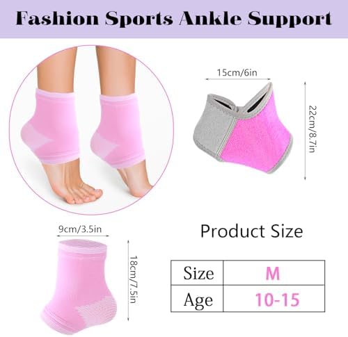 Prasacco Kids Ankle Brace Set, 2 Pairs Compression Socks & Adjustable Support Sleeves for Injury Prevention, Medium（Pink）