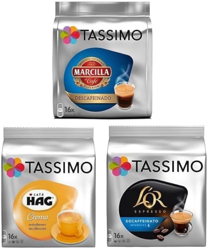 Tassimo 3 Decaf Variety Bundle - 1 x Marcilla Espresso Decaf, Cafe Hag Crema Decaf, LOR Decaf Espresso (All Decaffeinated - Total 48 Servings/Discs)