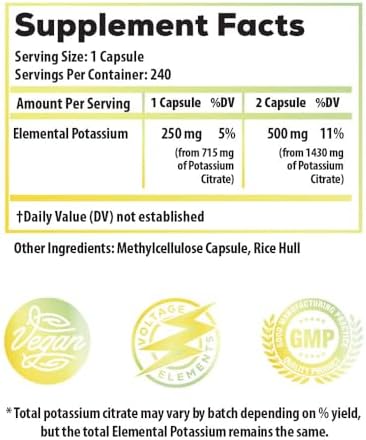 Potassium Citrate 1430mg - Heart & Kidney Health, Electrolyte Balance, Nerve Function - Elemental Potassium 500mg (240 Capsules) Vegan