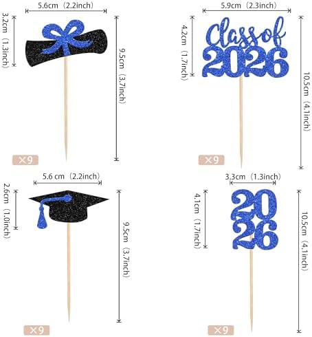 36 PCS 2026 Graduation Theme Cupcake Toppers Glitter Class of 2026 Grad Cap Diploma Cupcake Picks 2026 Graduation Theme Party Cake Decorations Supplies Deep Blue