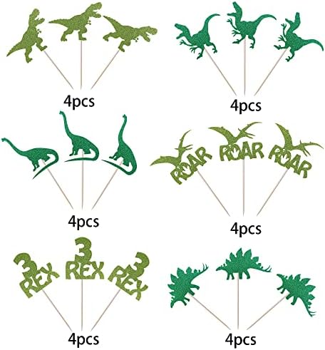 24 Pack Dinosaur Cupcake Toppers Glitter 3 Rex Roar Dinosaur Cupcake Picks Three Years Old Dino Theme Baby Shower Third Birthday Party Cake Decorations Supplies Green