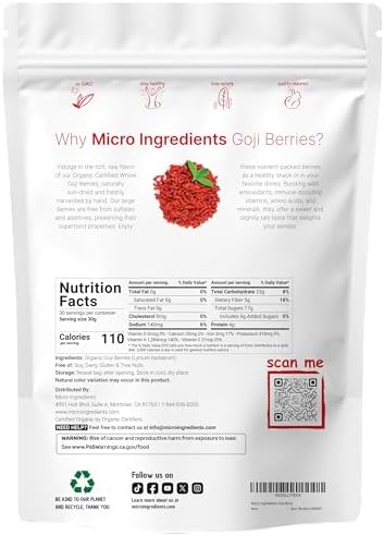 Micro Ingredients Organic Goji Berries 2lbs (32oz) | Large Whole Sun-Dried Berries | Raw Superfood Wolfberries | Natural Flavor for Trail Mix, Juice, & Tea | Sulfate Free, Vegan Friendly, Non-GMO