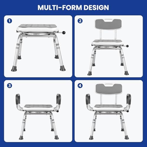 Deluxe Swivel Shower Chair with Arms & Back by CZMY, 360° Locking Seat, 5-Level Height Adjustable, Padded Heavy-Duty Bath Chair, 300 lbs, for Seniors, Elderly, Handicap & Disabled