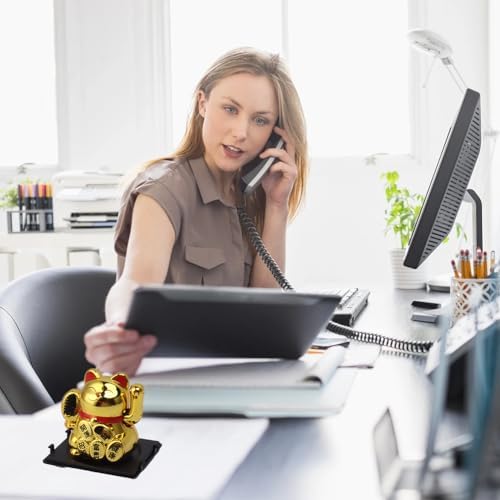 Tiiyee Solar Powered Lucky Cat, Miniature 2 Inch Cute Lucky Cat Waving Arm Fortune Cat Statue Decorations Beckoning Welcoming Car Dashboard Decor for Wealth and Home Business Openings Gold (Golden)