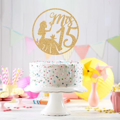 Spanish Mis 15 Cake Topper, Mis Quince Años, Mis Quince, 15th Birthday Cake Topper, Hello 15, Happy 15th Birthday Party Decorations for Girls, Gold Glitter