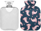 Hot Water Bottle with Cover Axolotl Heart Cartoon Navy Print Hot Water Bag for Pain Relief Heating Packs Large Hot Bag for Neck Shoulder Pain Cramps Hand Feet Warmer 2L
