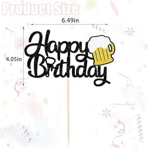 Beer Happy Birthday Cake Topper - Black Glitter Wine Glass Cake Decoration for Beer Themed Birthday Parties for Men and Women- Style 2