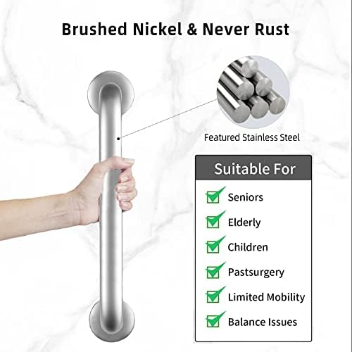 Shower Grab Bars Brushed Nickel 12" x 1 1/4", Stainless Steel Handicap Grab Bars for Bathroom Bathtub Toilet, Shower Handle Safety Bars Hand-Rail Support for Elderly Seniors Pregnant Children