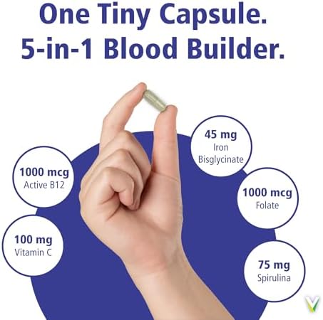 Vitality Power Iron + Spirulina | 45mg Iron | Blood Builder | Iron Deficiency Support | Vegan | All Natural Supplement | Gentle on Stomach | 30 Capsules