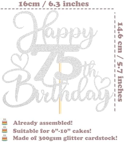75th Birthday Cake Topper, Double-Sided Silver Glitter with Heart Accent Cake Topper for Cheers to 75 Years Birthday Party Decorations - 1 Pack