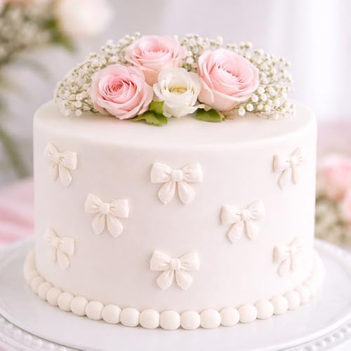 O'Creme Edible Gumpaste Cake Toppers, White Bows 0.7" x 0.7" - for Cake Decorating - Sugar Paste for Cakes, Cupcake Toppers - Birthday Party, Wedding, Baby Shower - Set of 18