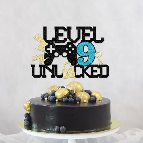 Level 9th Unlocked Cake Topper, Boy Girl 9th Birthday Party Cake Topper, for Video Game Controller Themed/Unlocked Level Up Birthday Party Decoration Supplies (9)