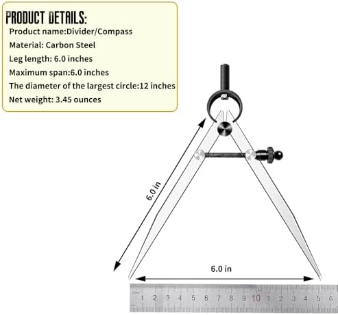 Leather Craft Compass, 6 Inch Professional Divider Leather Compass, Steel Adjustable Lockable Spring Wing Divider Calipers for Woodworking Metalworking Drawing and Drafting
