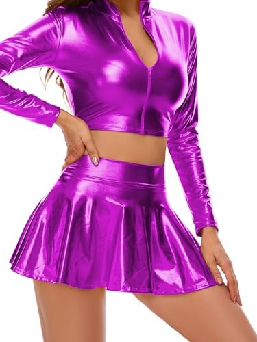 Kepblom Women's Metallic Mini Skirt : Sexy Shiny Pleated Skirts for Festival Costumes, Rave Party