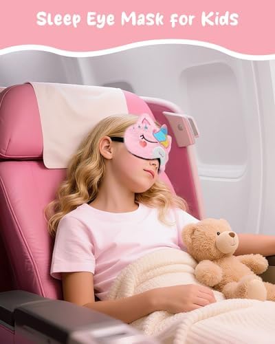 Sleep Mask for Kids - Cute Cartoon Plush Fuffy Sleeping Eye Cover Bow Unicorn Kawaii Soft Eyeshade with Adjustable Strap Animal Eye Blindfold for Kids Girls Boys Teens