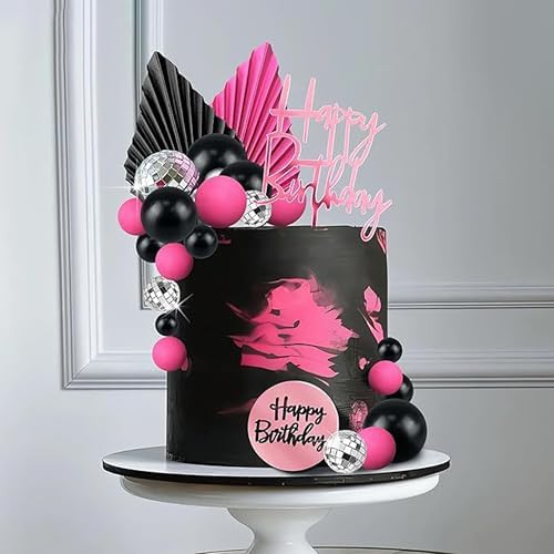 TSJ Hot Pink Disco Ball Cake Toppers Happy Birthday Cake Decorations Cupcake Toppers for Disco Theme Party Favors