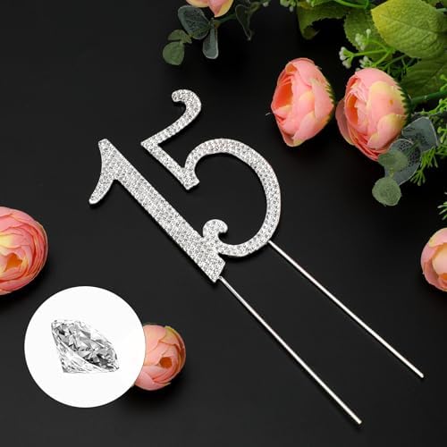 Silver Crystal 15 Cake Topper, Number 15 Birthday Cake Topper Happy 15th Birthday Cupcake Toppers Rhinestones Cupcake Toppers Decoration for Women Girls Party and Anniversary Decoration