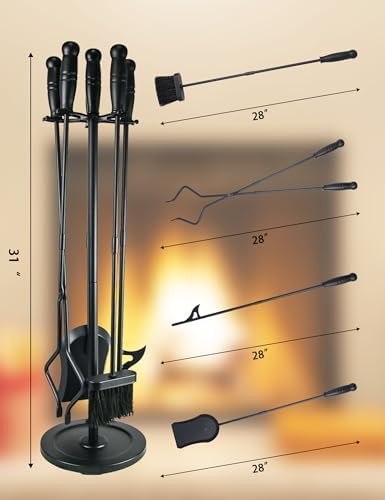 Tomersun Fireplace Tools 5 Pcs 31.5In Fireplace Tool Set Indoor Fireside Accessories Large Fire Place Tools Set Outdoor Fireplace Kit with Poker Shovel Tongs Brush, Stand