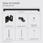 Modern Aluminum Handrail Complete DIY Kit – Matte Black with Adjustable Wall Mount Brackets Included (4' Length)
