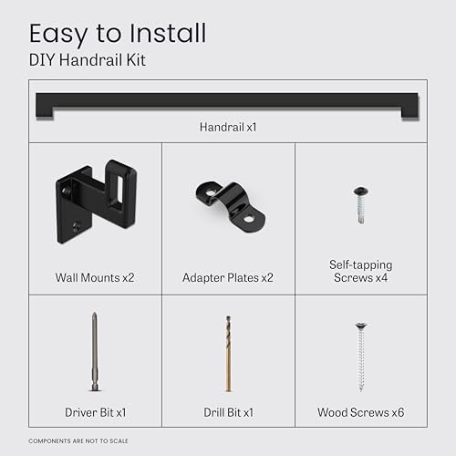 Modern Aluminum Handrail Complete DIY Kit – Matte Black with Adjustable Wall Mount Brackets Included (5' Length)