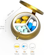 Small Pill Case Pill Box with Mirror Retro 3 Compartment Pill Holder for Purse or Pocket Bronze Portable Medicine Vitamin Container Fish Oil and Supplement Storage BPA-Free(Rose)