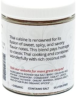 Organic Thai Seasoning Spice Blend, with Salt, Authentic Thai Spice and seasonings for Cooking Flavorful Food - Pad Thai, Chicken Satay, Noodle, Curries, and Meat / All-Natural, Kosher, Vegan, Gluten Free, Keto -No MSG- 4oz Glass Jar
