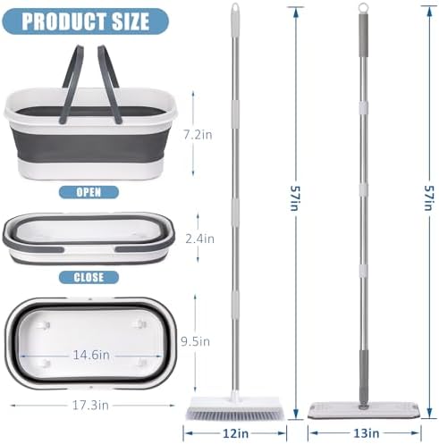Flat Mop and Bucket Set with Heavy Duty Scrub Brush, 2 Washable Reusable Microfiber Pads, for Tile Hardwood, Wall Cleaning, Home Indoor or Outdoor Cleaning (White-Gray)