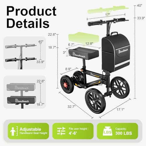 Deluxe Medical Scooter Double Handbrake, All Terrain Steerable Knee Scooter Crutch Alternative, for Adults Injured Ankle & Foot Recovery in Blacks