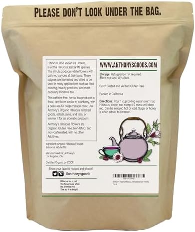 Anthony's Organic Hibiscus Flowers, 1 lb, Cut & Sifted, Gluten Free, Non GMO, Non Irradiated, Keto Friendly