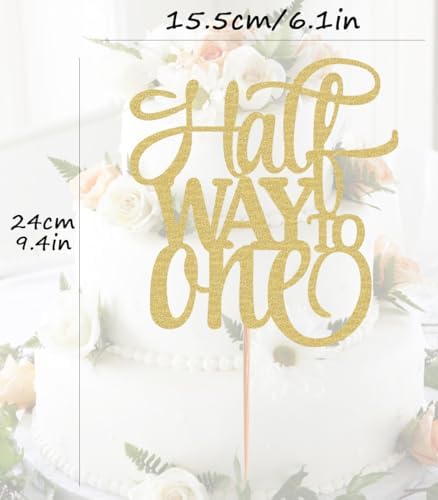 Half Way To One Cake Topper - Gold Glitter 6 Months Birthday Decorations Supplies - Half Birthday Decorations Baby Girl, for Baby Shower/Gender Reveal Party Photo Booth Props