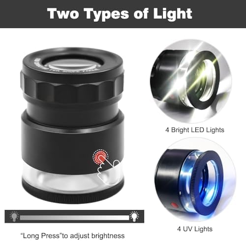 10x Loupe Magnifier Rechargeable Jewelers Loupe with UV and LED Lights, Illuminated Eye Loop Adjustable Focus Jewelry Magnifying Glass with Detachable Reticle Scale for Gemstones Identification