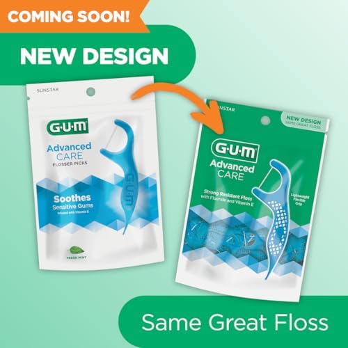 GUM Advanced Care Floss Picks - Dental Flossers for Adults with Vitamin E and Fluoride - Extra Strong Shred-Resistant Dental Floss, Easy Grip Handle, Fresh Mint Flavor, 150 ct