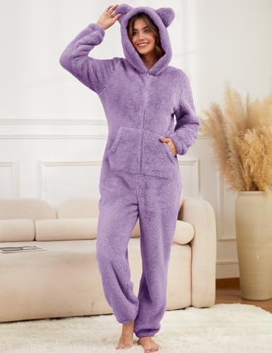 Flygo Womens Fleece Onesie Pajamas Winter Warm Fuzzy One Piece Romper Loungewear Teddy Ears Zipper Hooded Jumpsuit Sleepwear